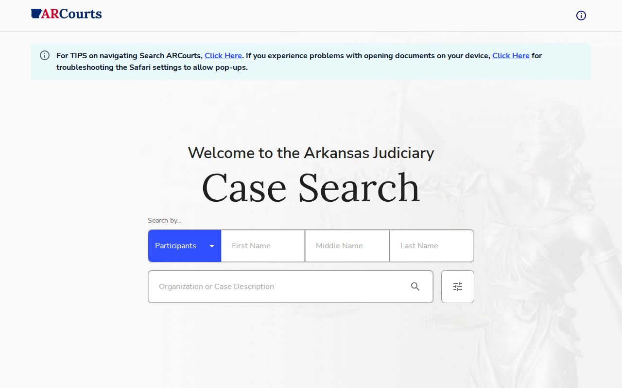 Legacy Arkansas case search fields used for Van Buren County court records