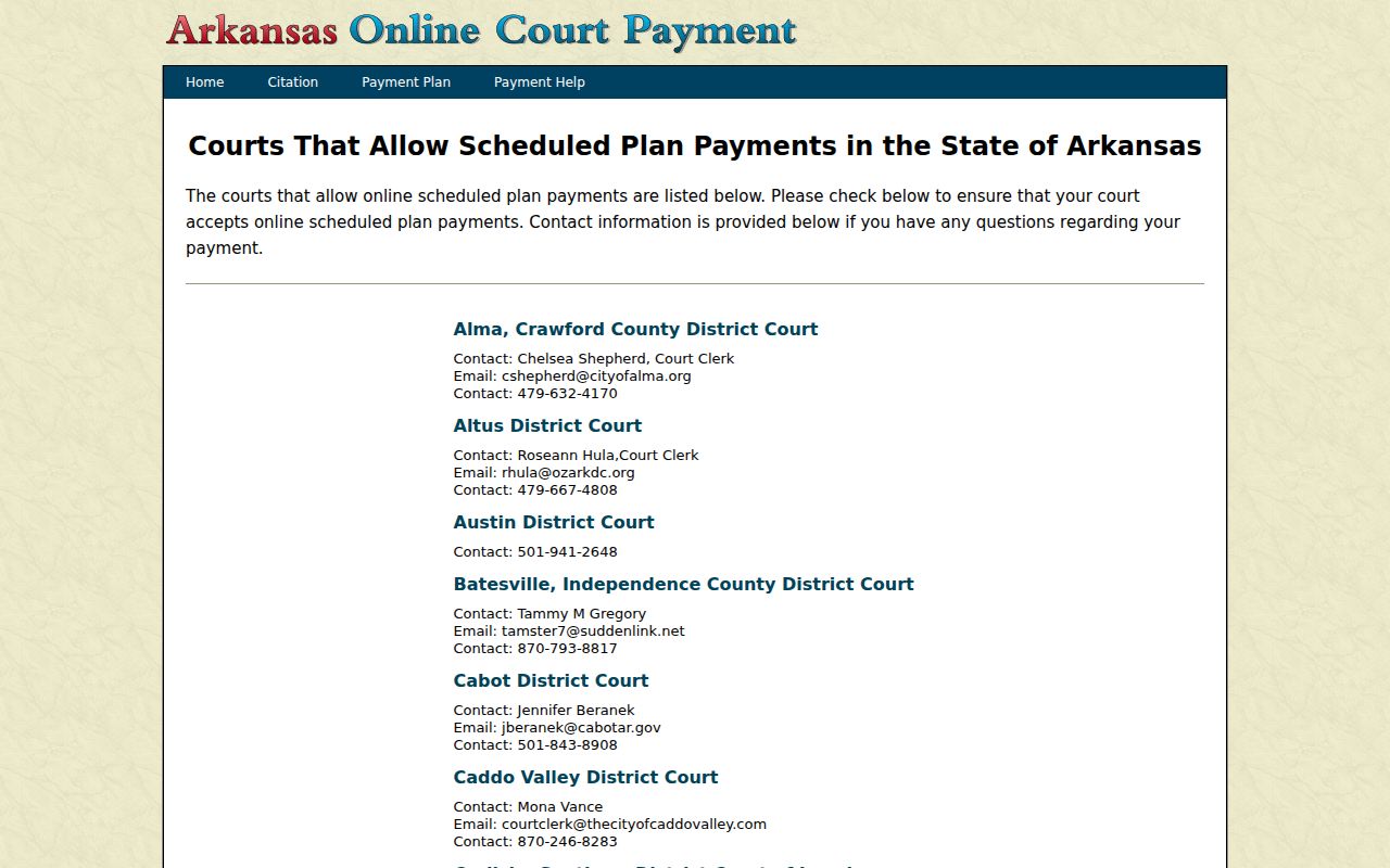 Arkansas court directory showing Van Buren County Clinton and Damascus routes