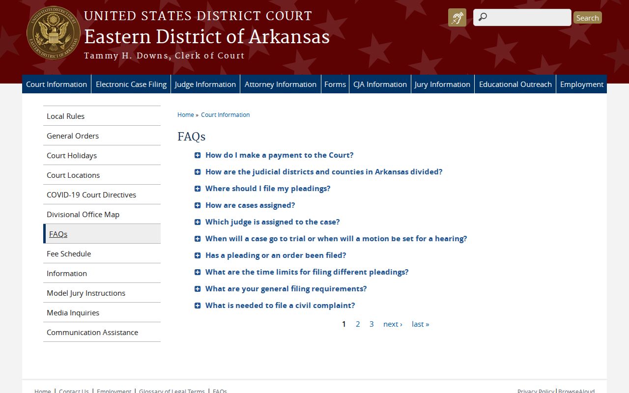 Eastern District of Arkansas FAQ identifying federal court context for Van Buren County